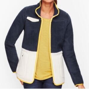 Talbots Colorblock Fleece Full Zip Jacket Navy Cream Yellow XS